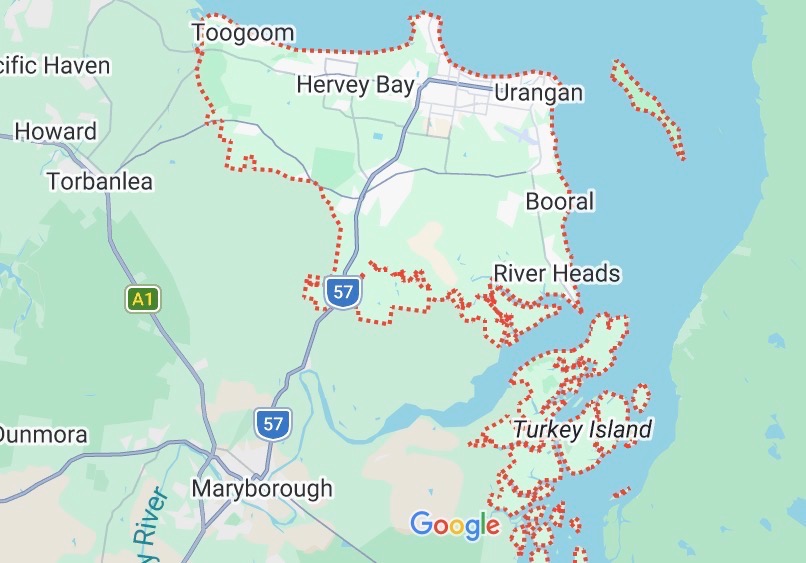 Map of Hervey Bay and surrounding suburbs including Urangan, Toogoom, River Heads and K'gari